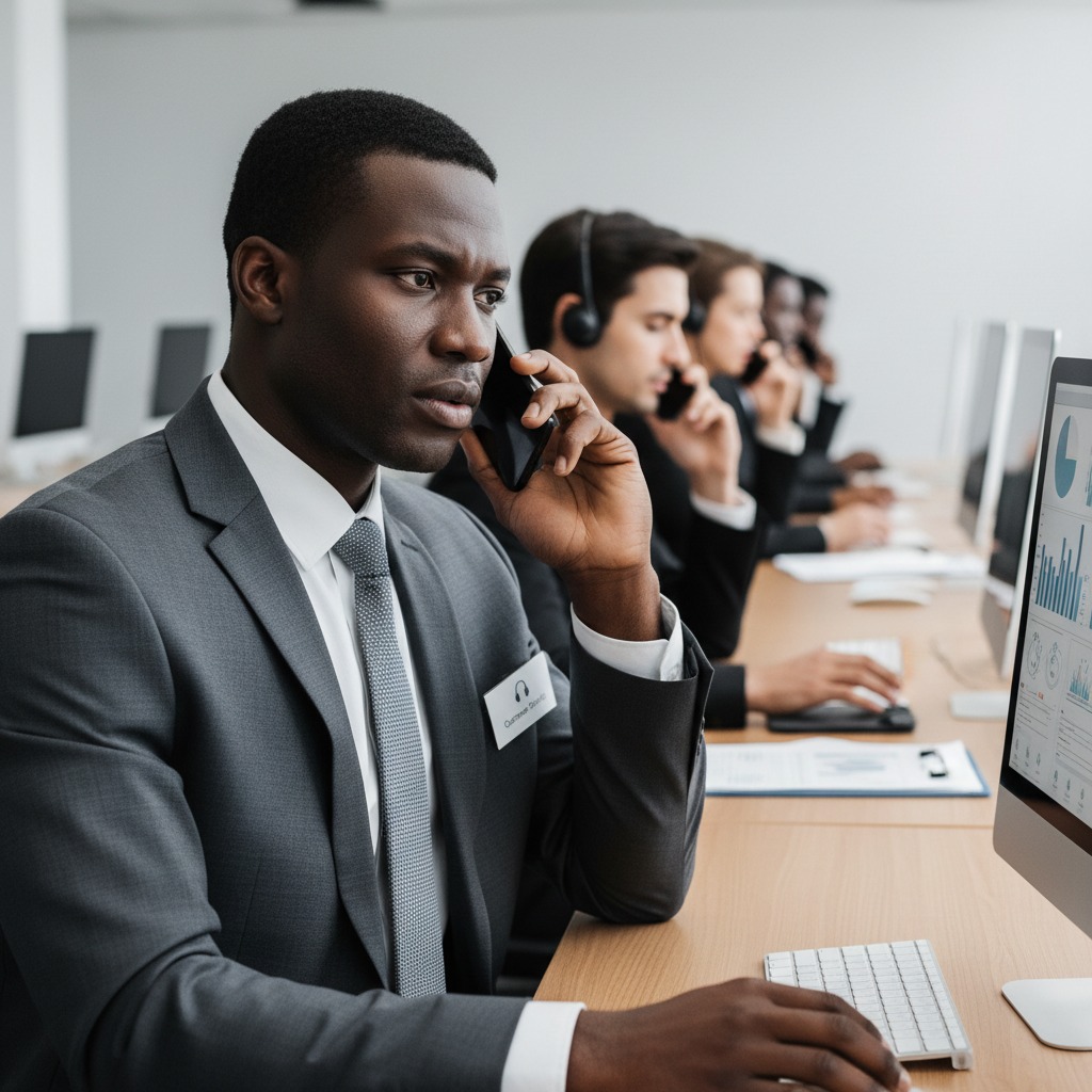 a black man holding a phone wearing suit as a customer phone service help
